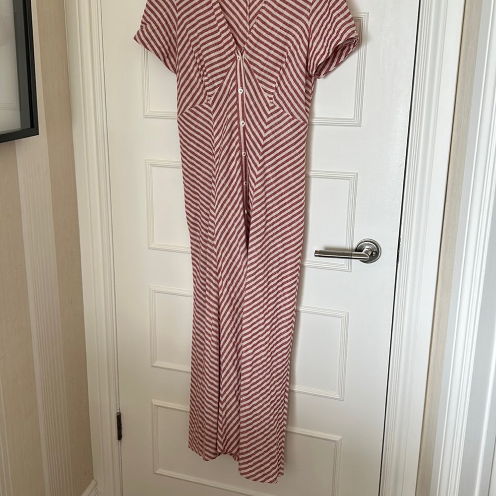 Max Studio linen dress stripes burgundy and Ecru